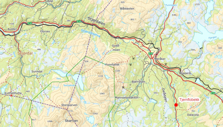 Kartbilde med markering av midlertidig omkjøringsveg over Tjernflobekk - Klikk for stort bilde